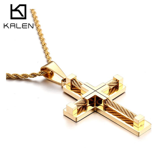 Stainless Steel Wire Cross Pendant Necklace Men